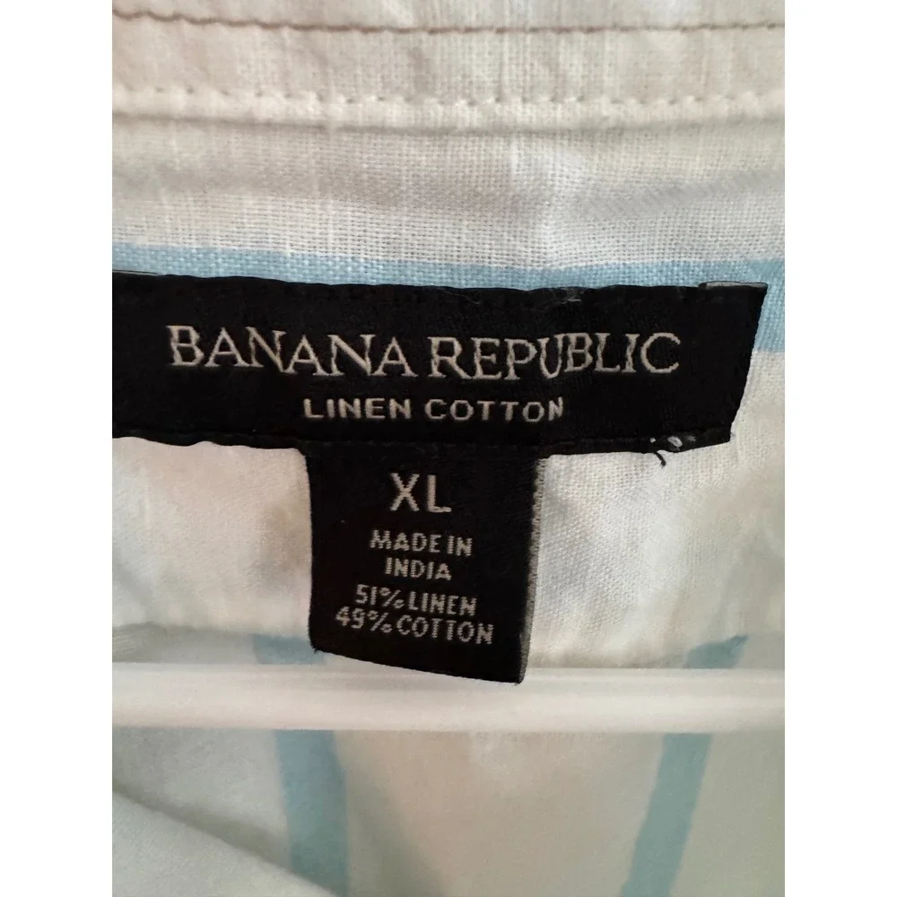 Banana Republic Mens XL Linen Cotton Striped Short Sleeve Button Down Shirt Blue
